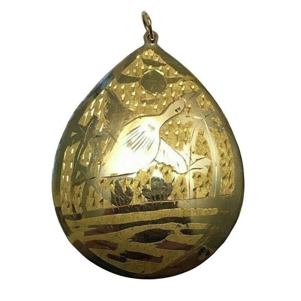 Vtg HM Etched Engraved Gold Damascene Ethnic DUCK  BOHO Signed Medallion Pendant
